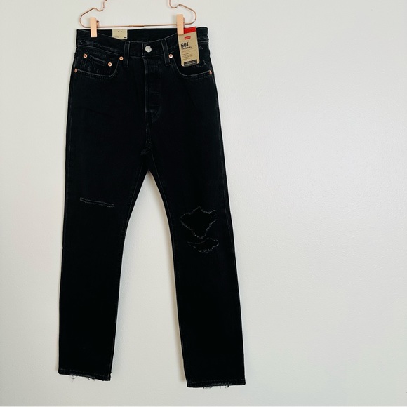 New Levi's Black 501 Ripped High Rise Jeans straight leg - Picture 3 of 8